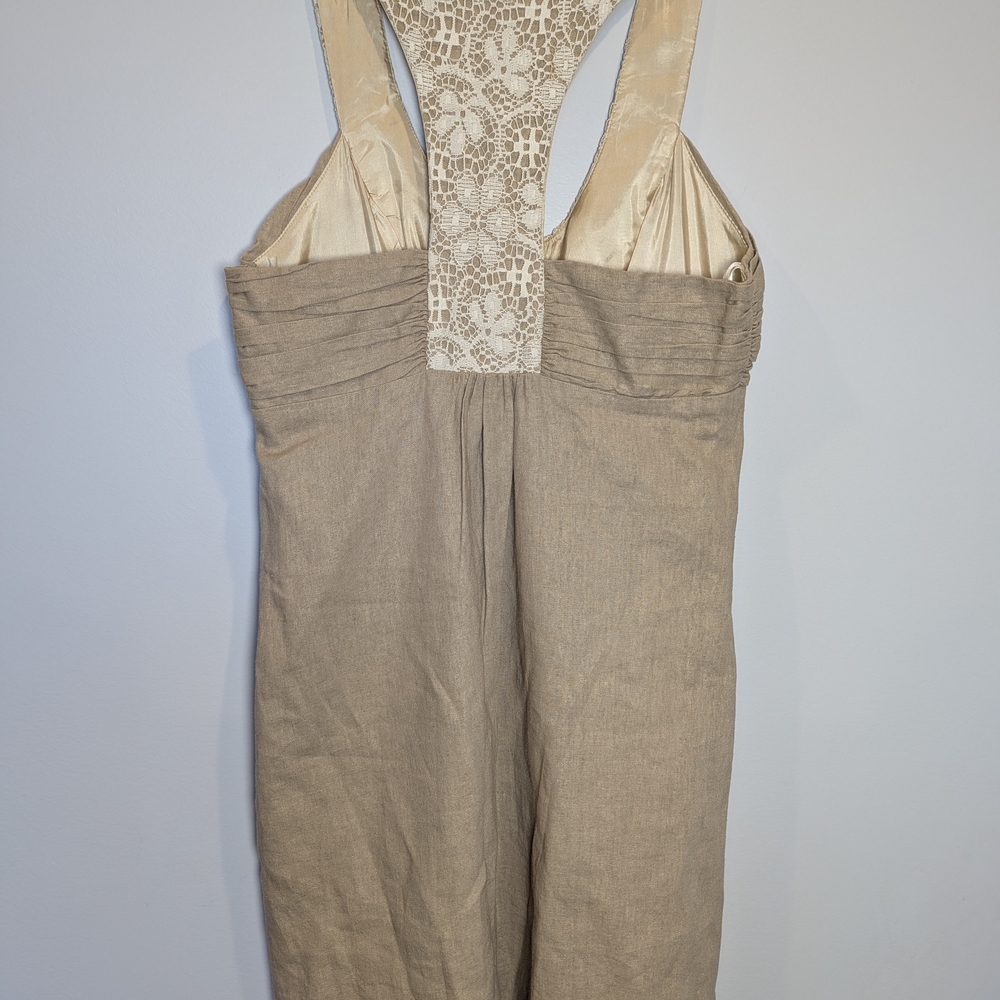 Molly New York Women's Size 6 Linen Beige Lace Detail Midi Dress - Picture 5 of 6